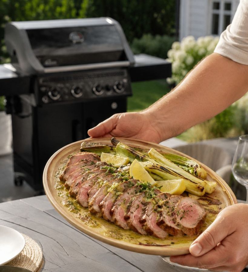 Kalvytterfilé på grillen med dragon, citron och sotad purjolök
