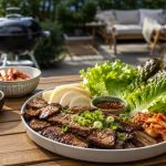 Koreanska fläskskivor på grillen med päron, salladsblad och sesam