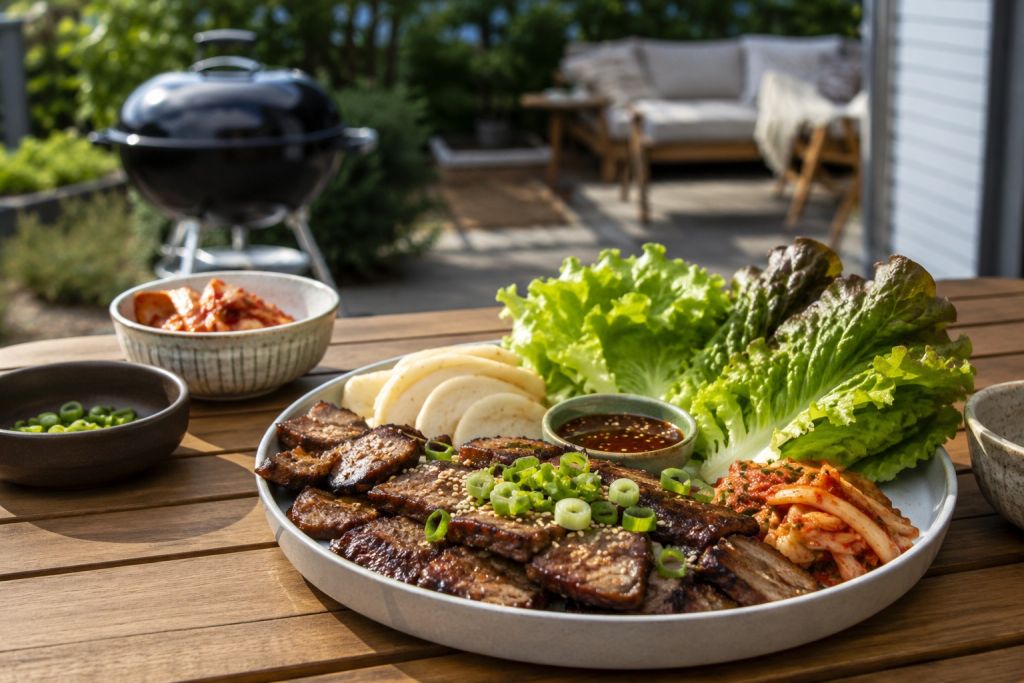 Koreanska fläskskivor på grillen med päron, salladsblad och sesam