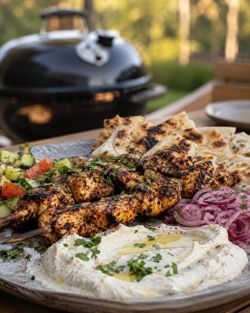 Kycklingspett shawarma med toum och sumaklök