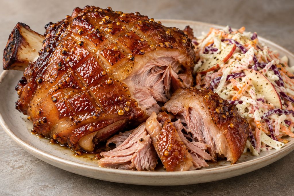 Rökt fläsklägg på grillen med senapsglaze och äppelslaw
