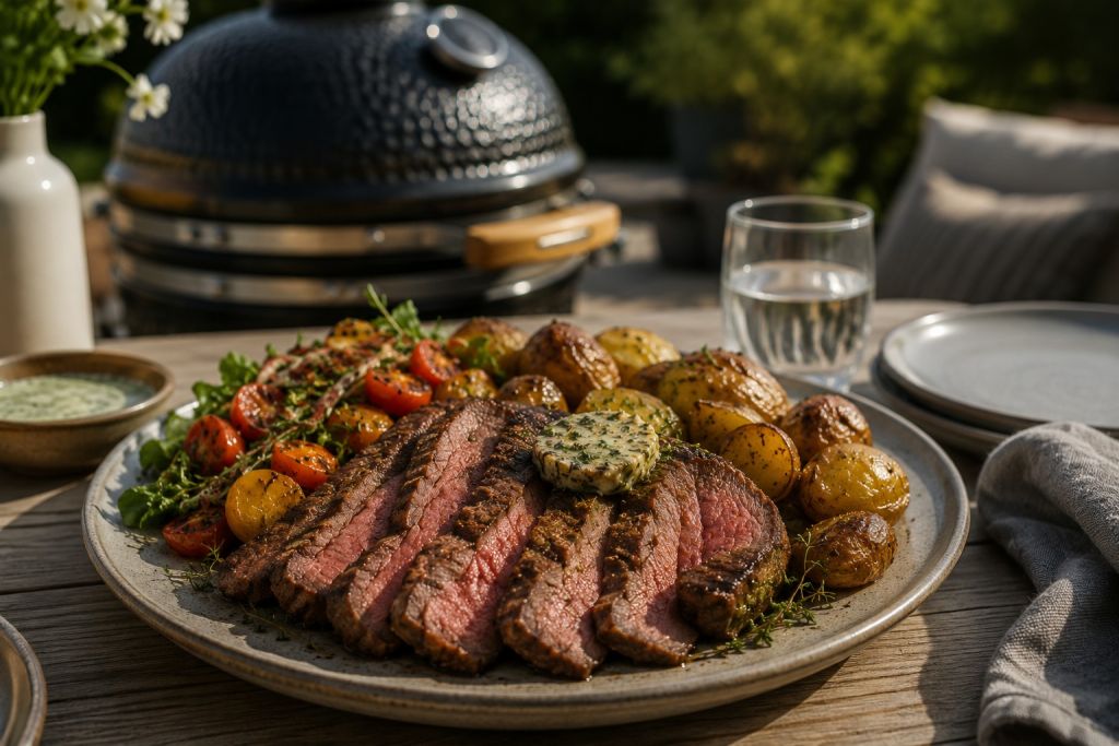Rostas på grillen med svartpepparsmör och grillad tomatsallad