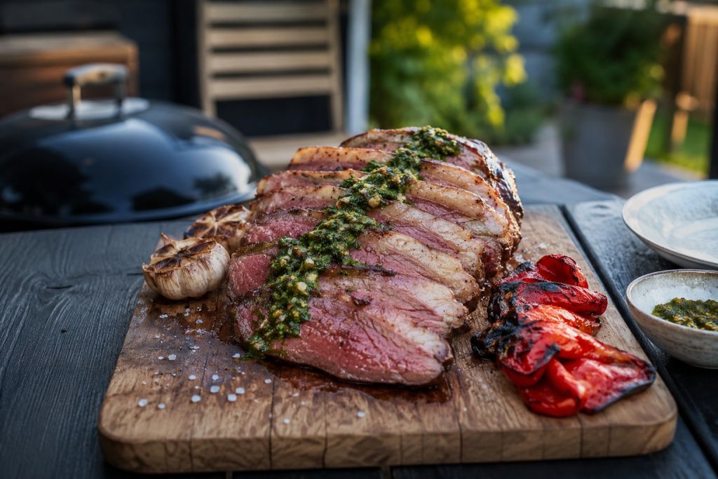 Rotisserie-picanha med chimichurri, rostad vitlök och grillad paprika